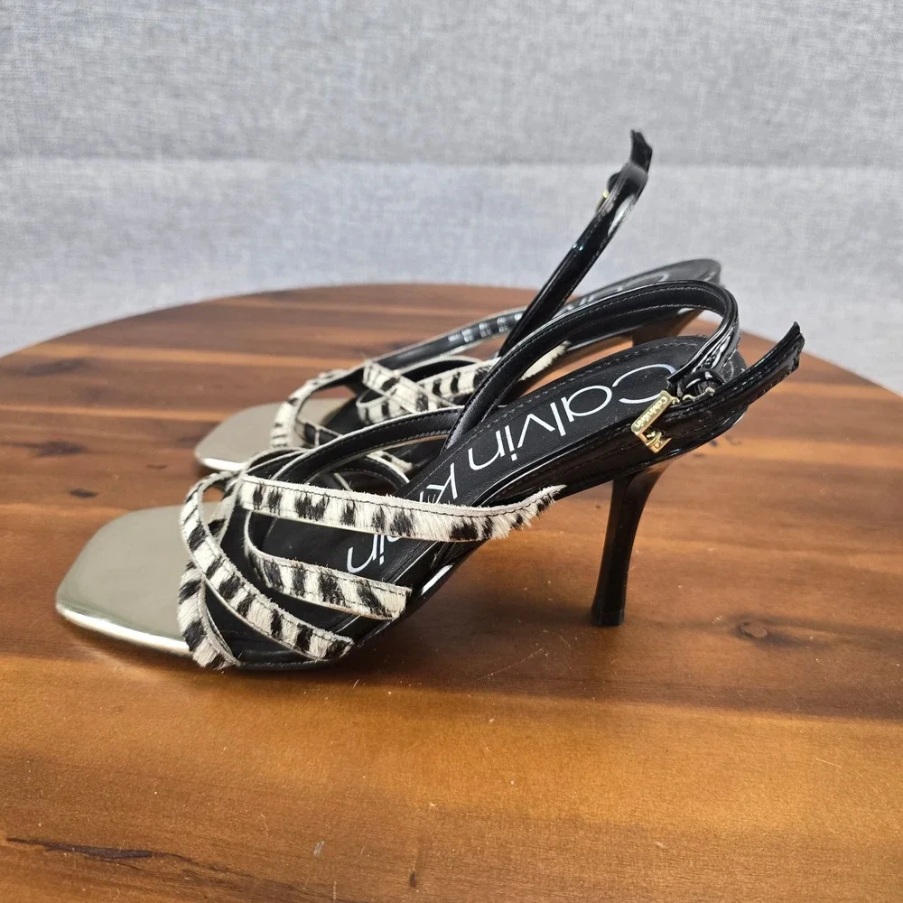 Calvin Klein Zebra Print Strappy Sandals Gold Square Toe Stiletto Heels 34E00014